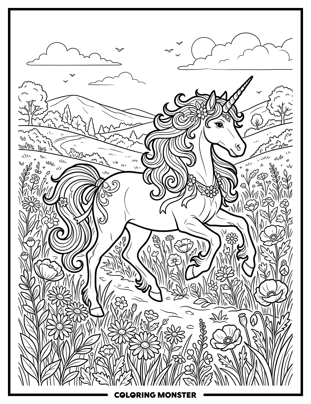 Unicorn in a Wildflower Meadow Coloring Page