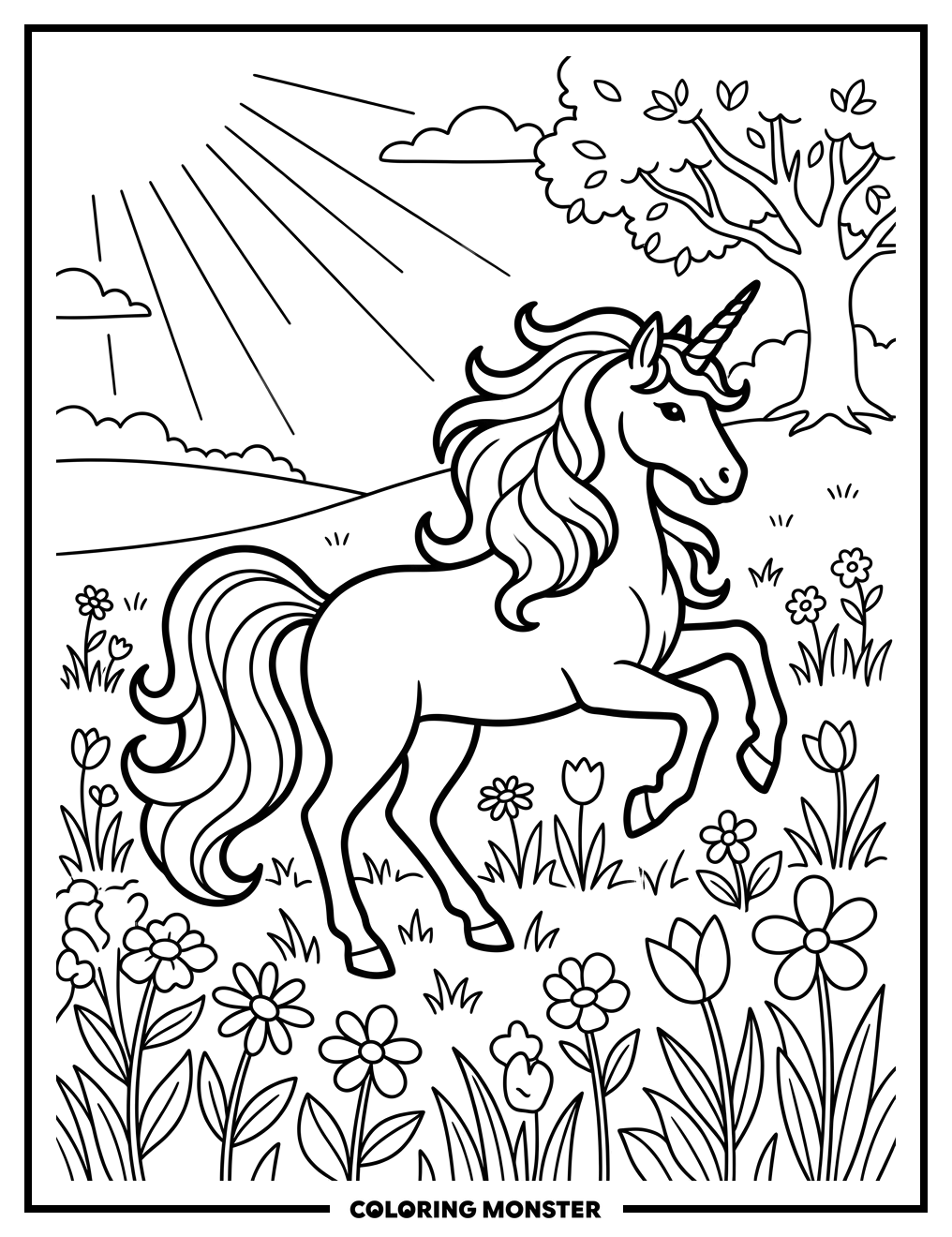 Unicorn in a Wildflower Meadow Coloring Page