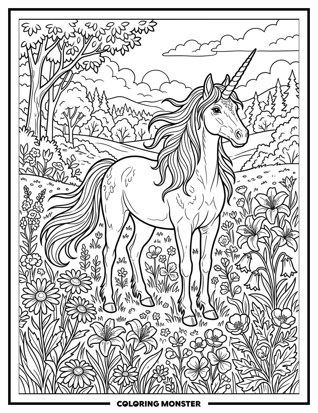 Unicorn in a Wildflower Meadow Coloring Page