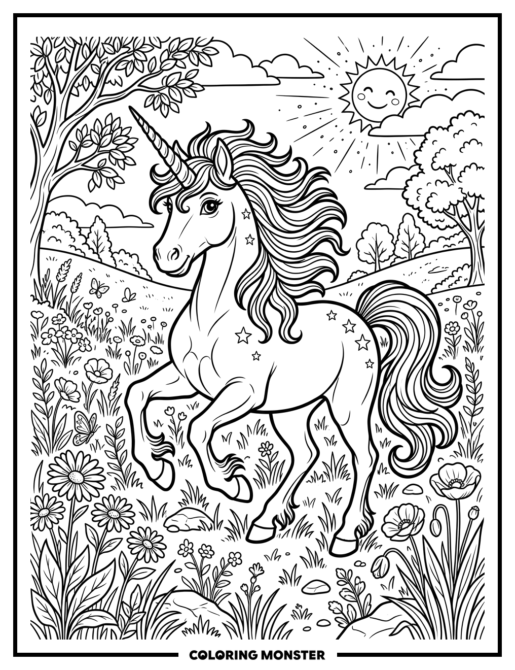 Unicorn in a Wildflower Meadow Coloring Page