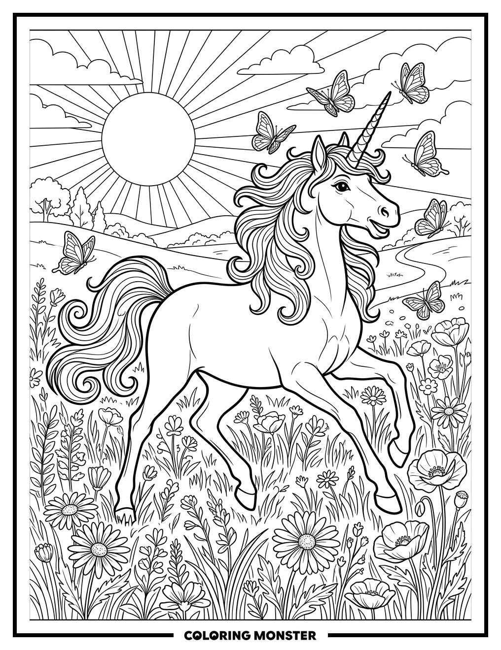 Unicorn in a Wildflower Meadow Coloring Page