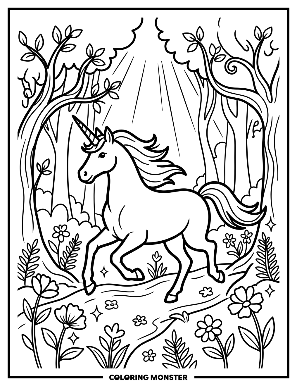 Unicorn in Enchanted Forest Coloring Page