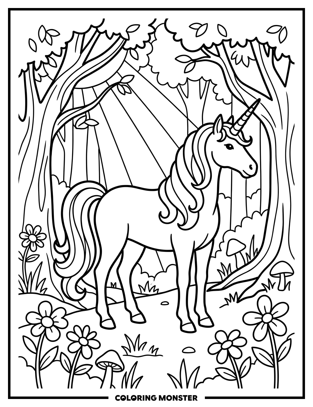 Unicorn In Enchanted Forest Coloring Page