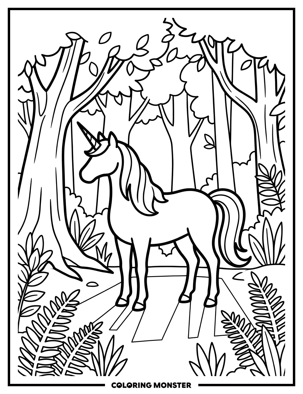 Unicorn in Forest Clearing Coloring Page