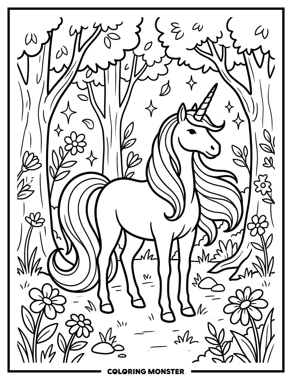 Unicorn in Magical Forest Coloring Page