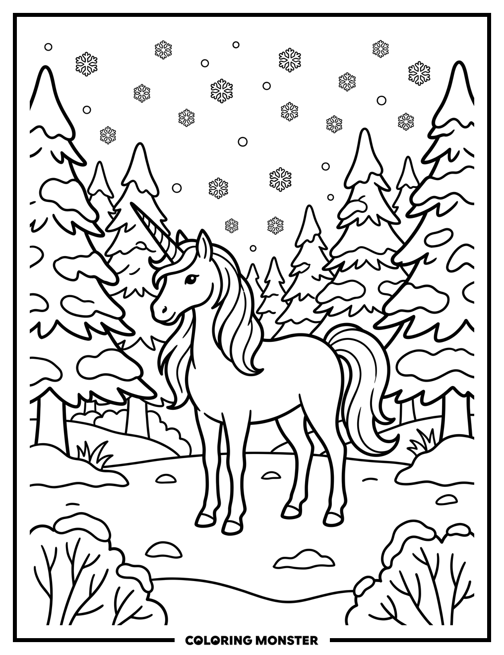 Unicorn in Snowy Forest Coloring Page