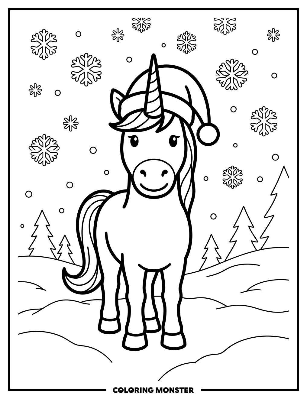 Unicorn in Snowy Wonderland Coloring Page
