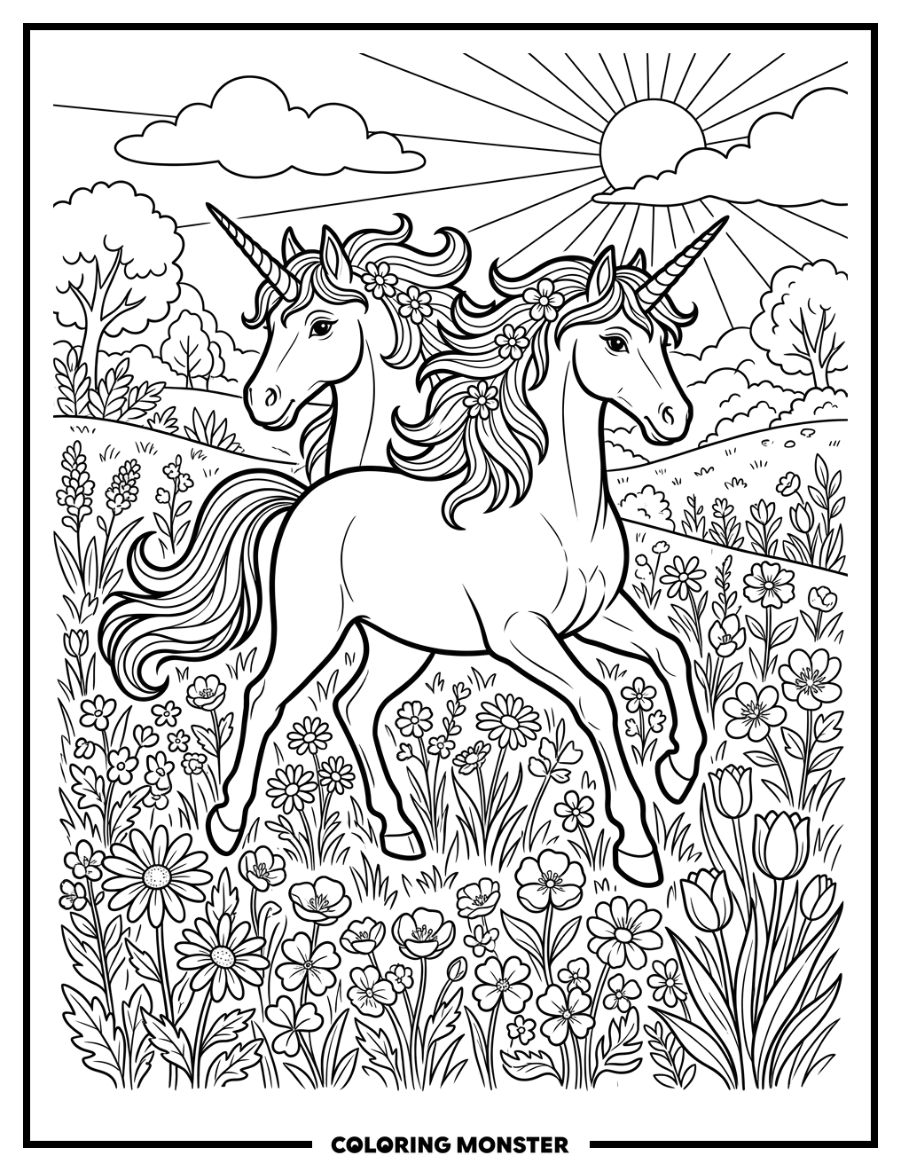 Unicorn in Sunlit Meadow Coloring Page