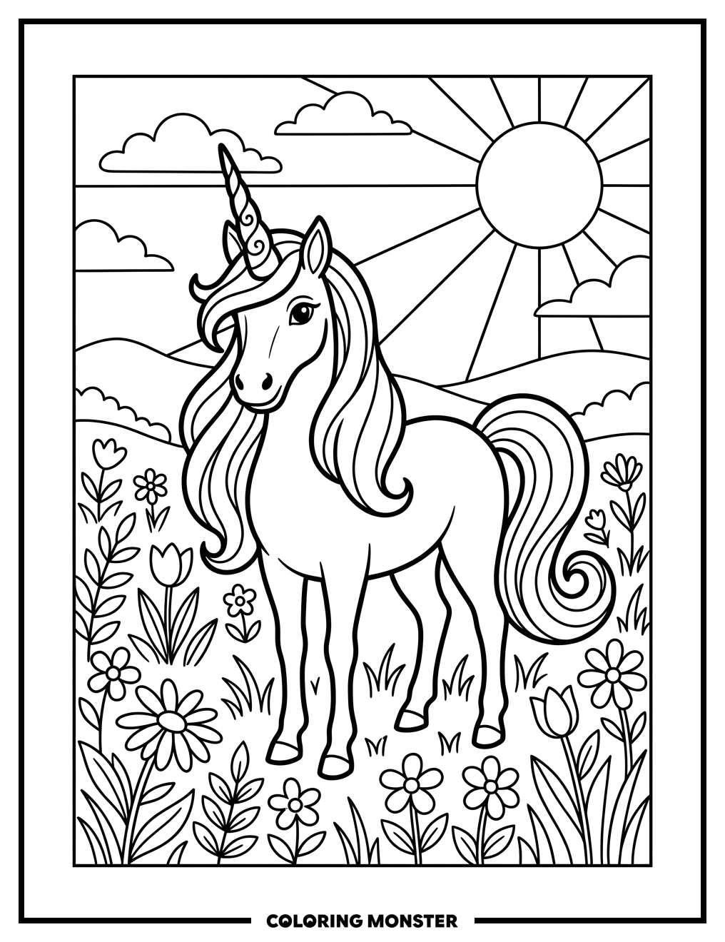 Unicorn in Sunny Meadow Coloring Page