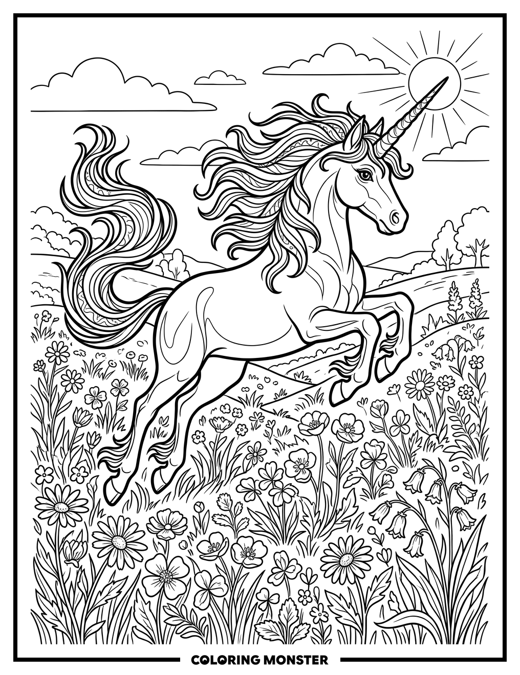 Unicorn Leaping Through Wildflower Meadow Coloring Page