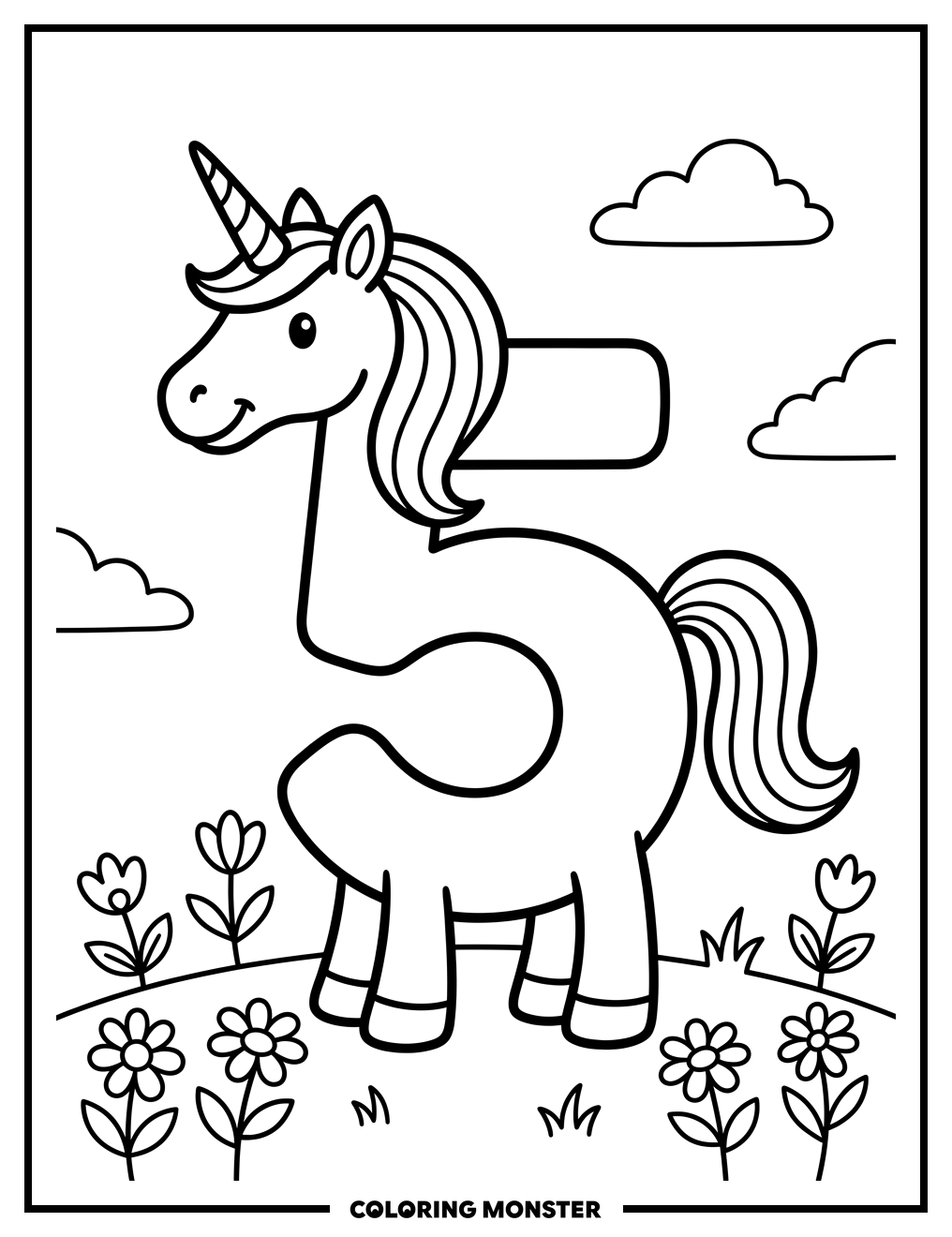 Unicorn Made From The Number Five Coloring Page