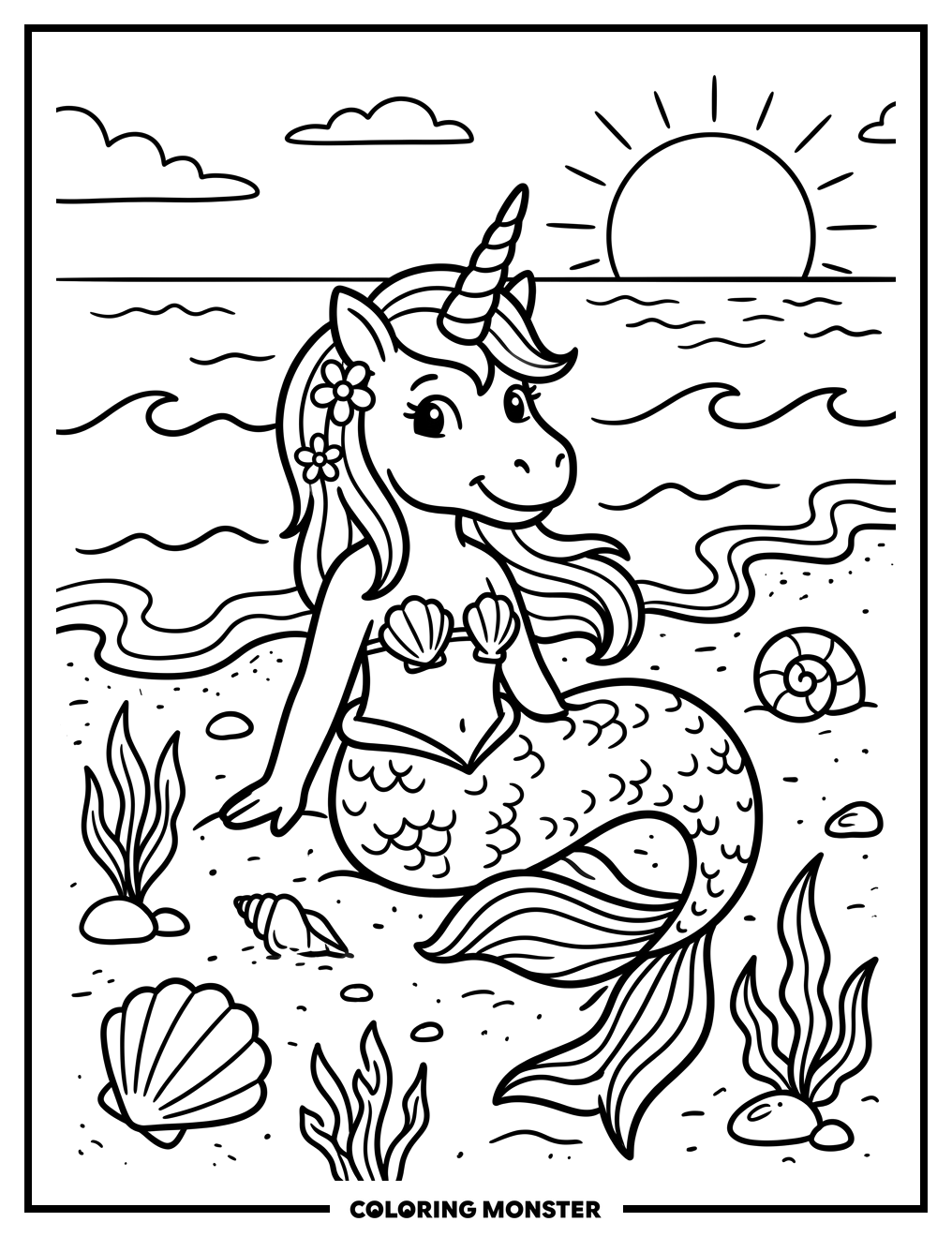 Unicorn Mermaid on a Sandy Beach Coloring Page