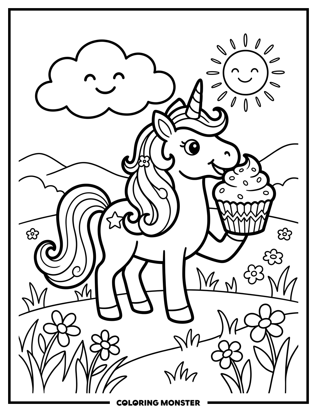 Unicorn Nibbling a Cupcake Coloring Page