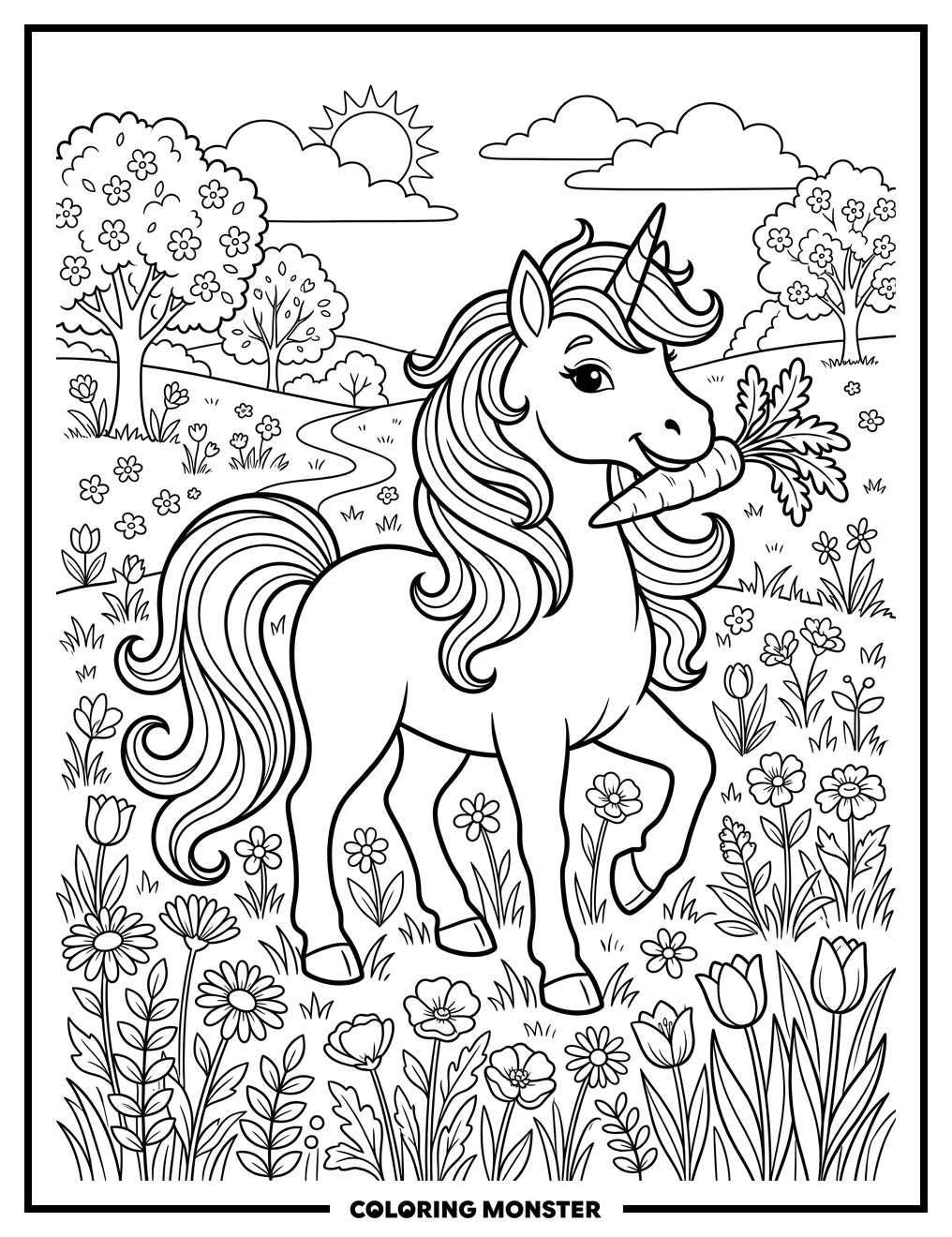 Unicorn Nibbling Carrot in Spring Field Coloring Page