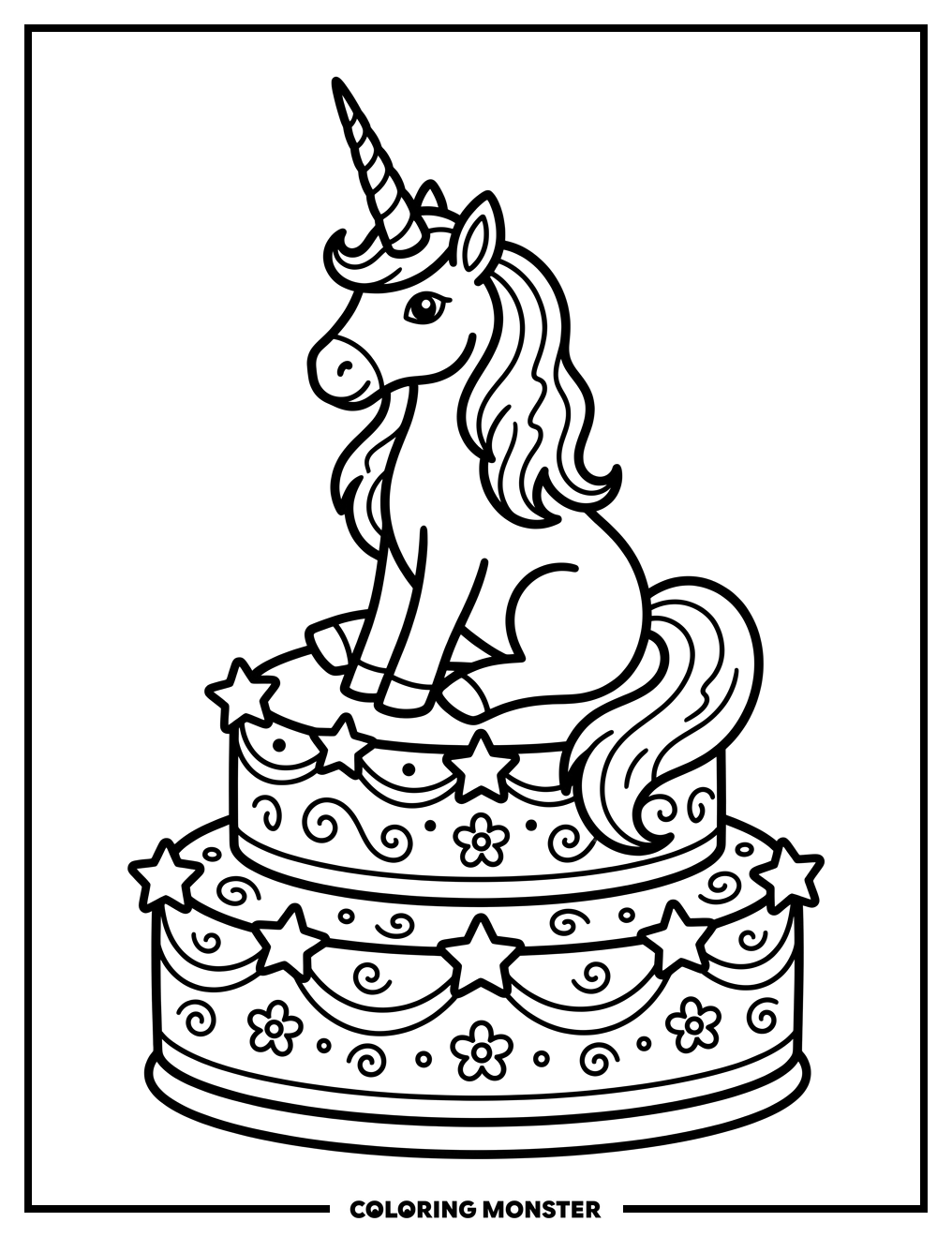 Unicorn on Cake Coloring Page