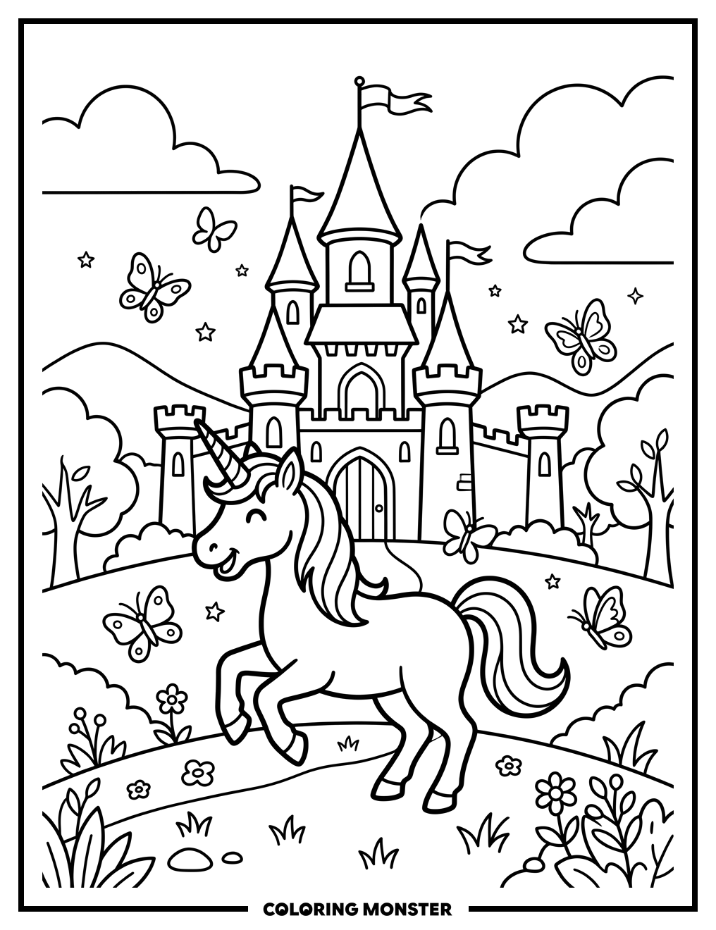 Unicorn Prancing Before Fairytale Castle Coloring Page