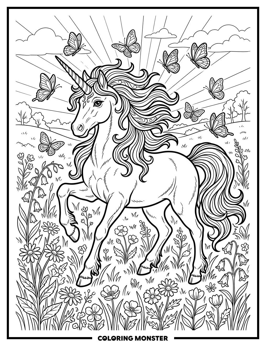 Unicorn Prancing in Wildflower Meadow Coloring Page