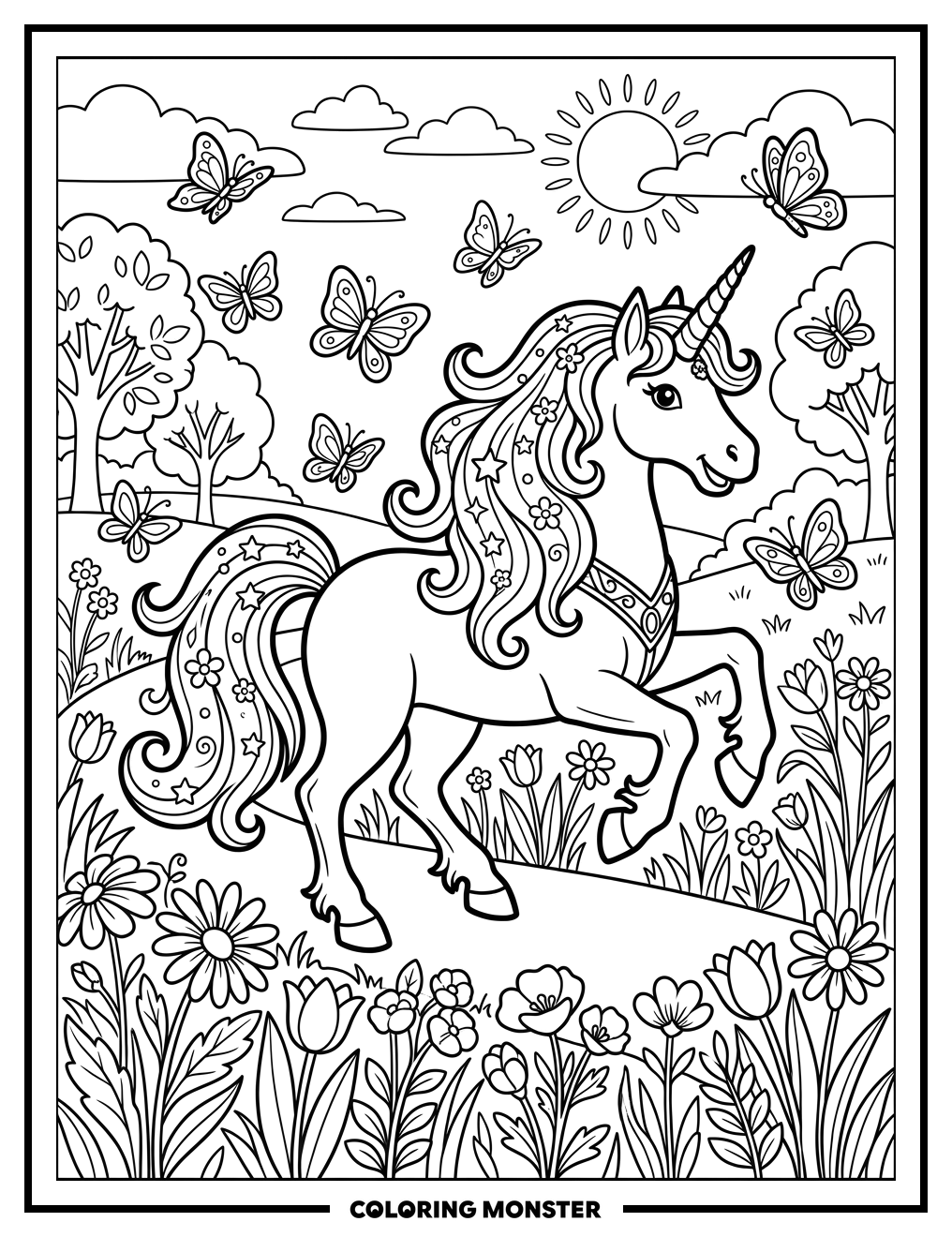 Unicorn Prancing in Wildflower Meadow Coloring Page