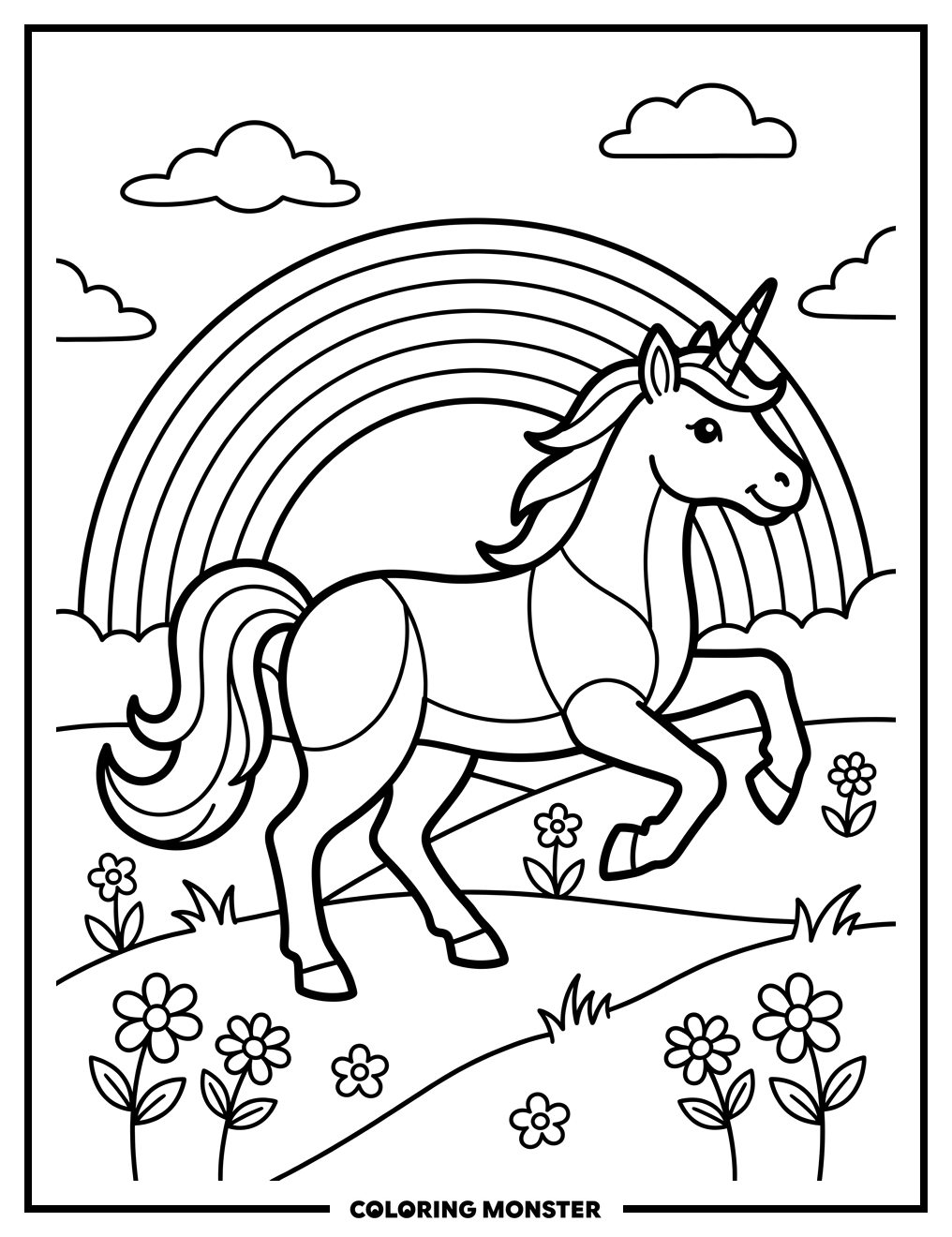 Unicorn Prancing Through Rainbow Flowers Coloring Page
