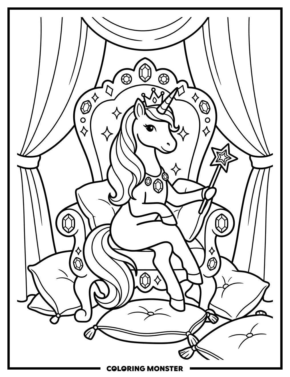Unicorn Princess on Ornate Throne Coloring Page