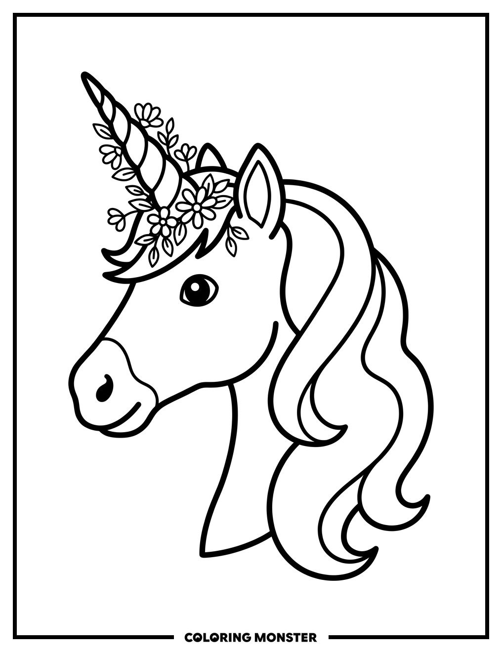 Unicorn Profile With Flowers Coloring Page
