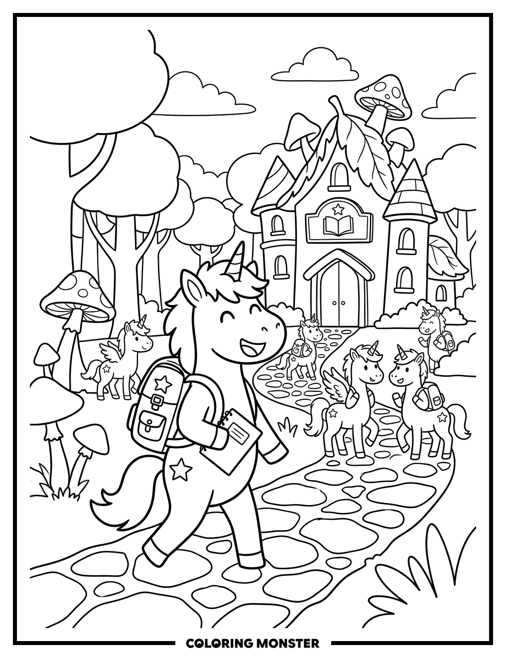 Unicorn Student Approaches Magical School Coloring Page