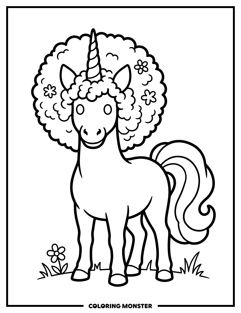 Unicorn With Afro Hairstyle Coloring Page
