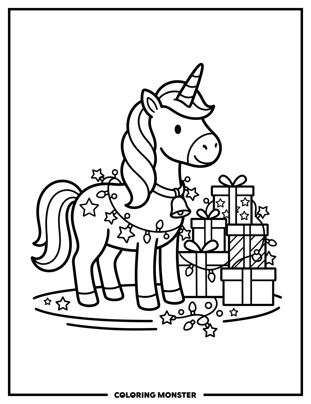 Unicorn With Christmas Gifts Coloring Page