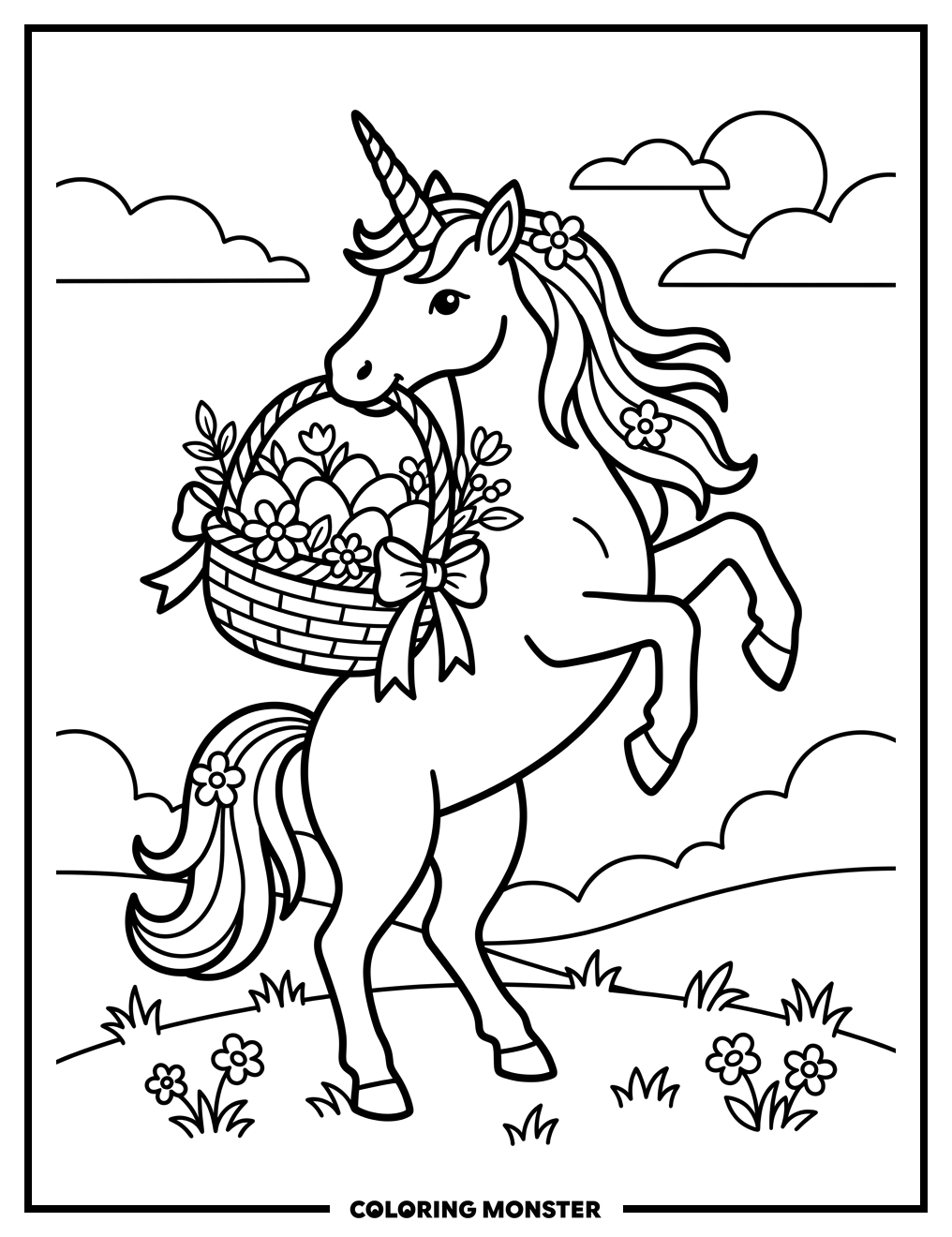 Unicorn With Easter Eggs and Flowers Coloring Page