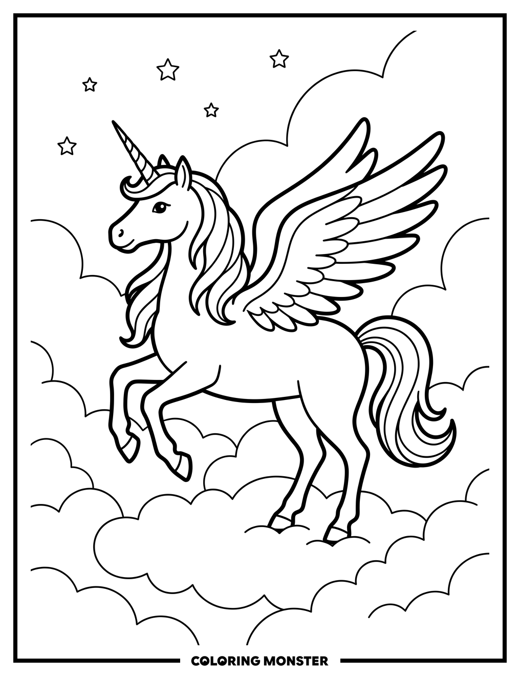 Unicorn with Feathered Wings in Clouds Coloring Page