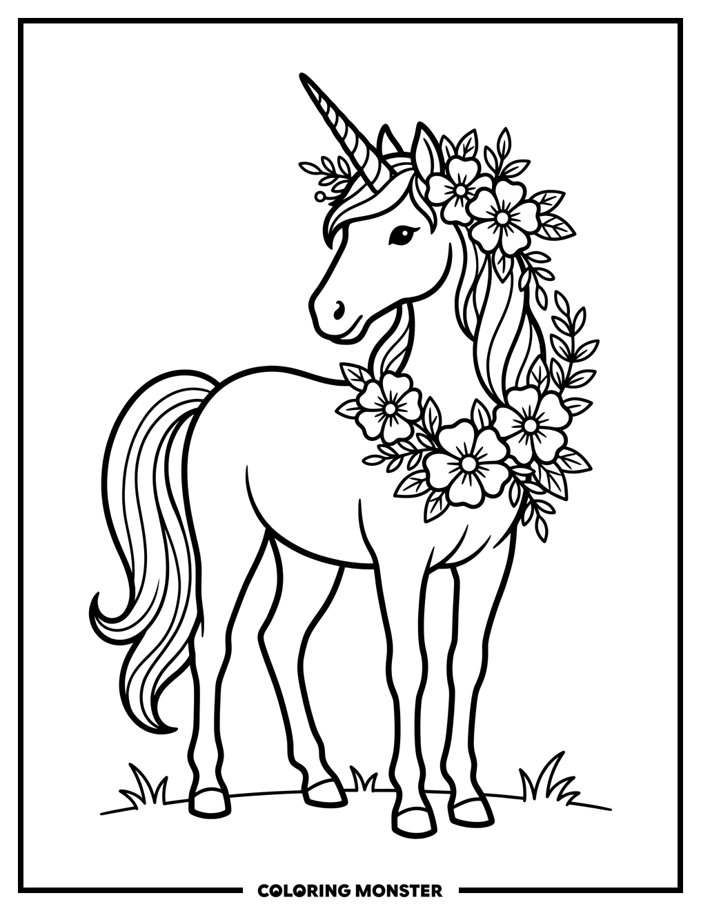 Unicorn With Flower Wreath Coloring Page