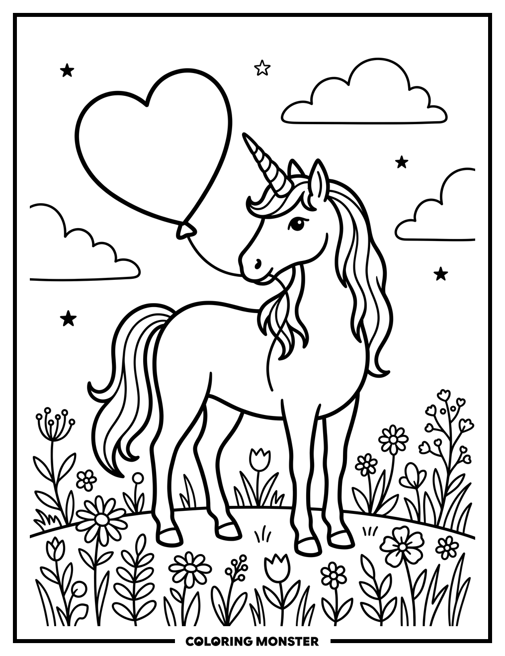 Unicorn with Heart Balloon Coloring Page