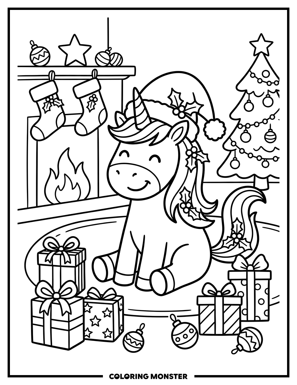 Unicorn With Santa Hat Coloring Page