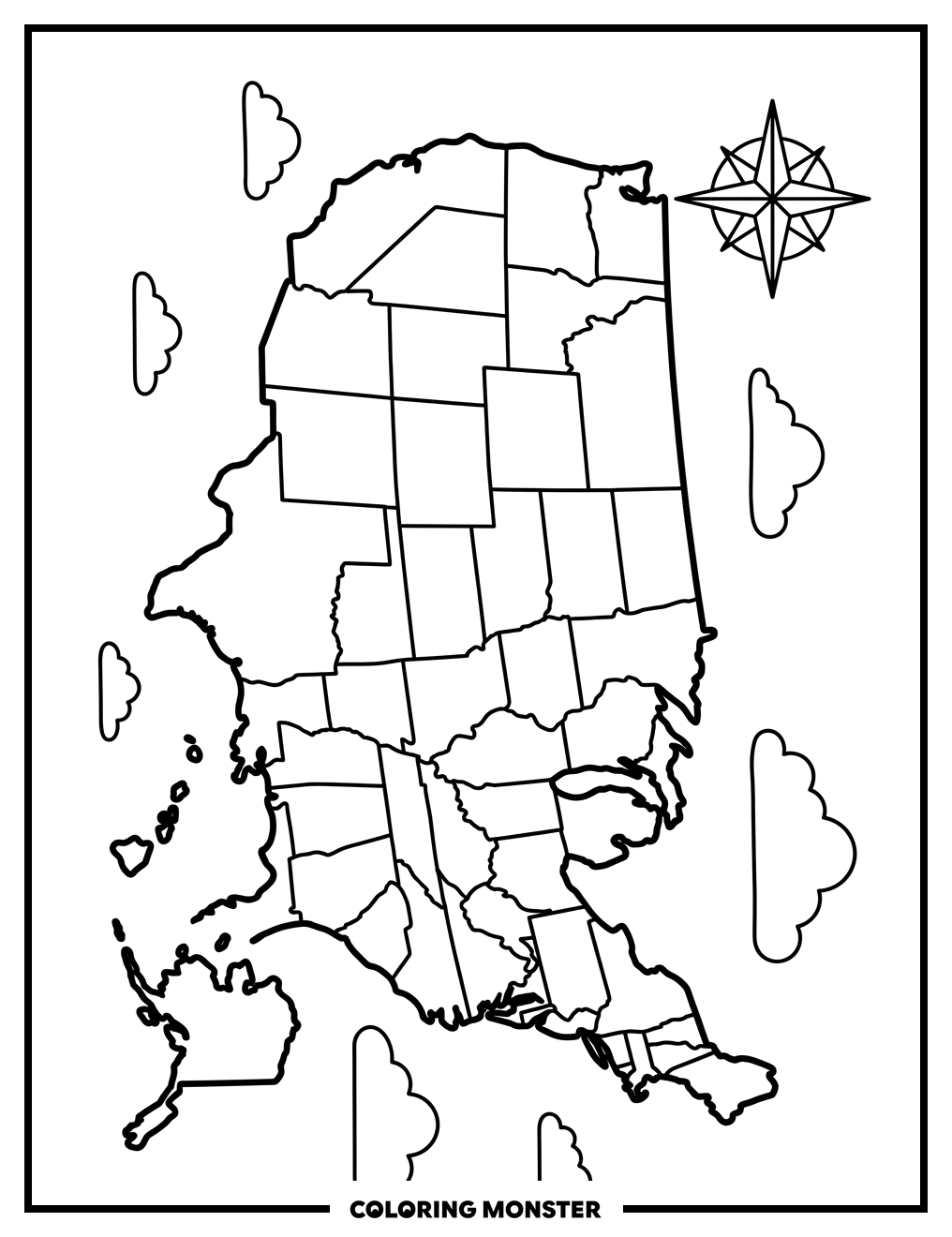 USA Map With Compass Rose Coloring Page