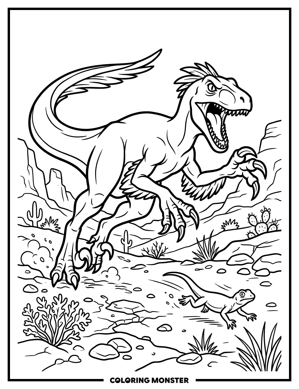 Utahraptor Attacking Lizard Coloring Page