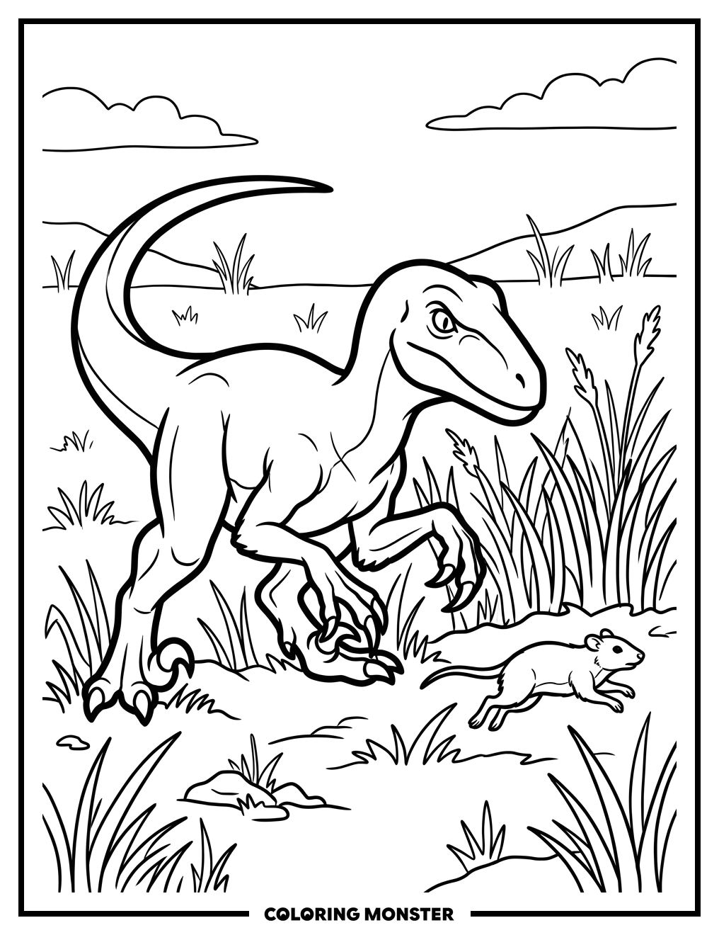 Utahraptor Hunting Small Mammal Coloring Page