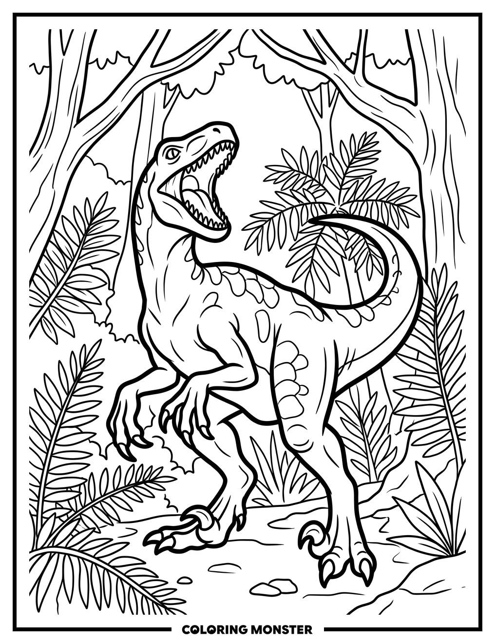 Utahraptor Roaring in Prehistoric Jungle Coloring Page