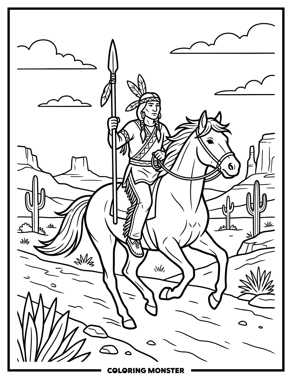 Ute Warrior on Horseback Coloring Page