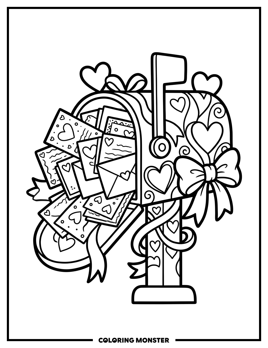 Valentine's Day Mailbox Overflowing With Cards Coloring Page