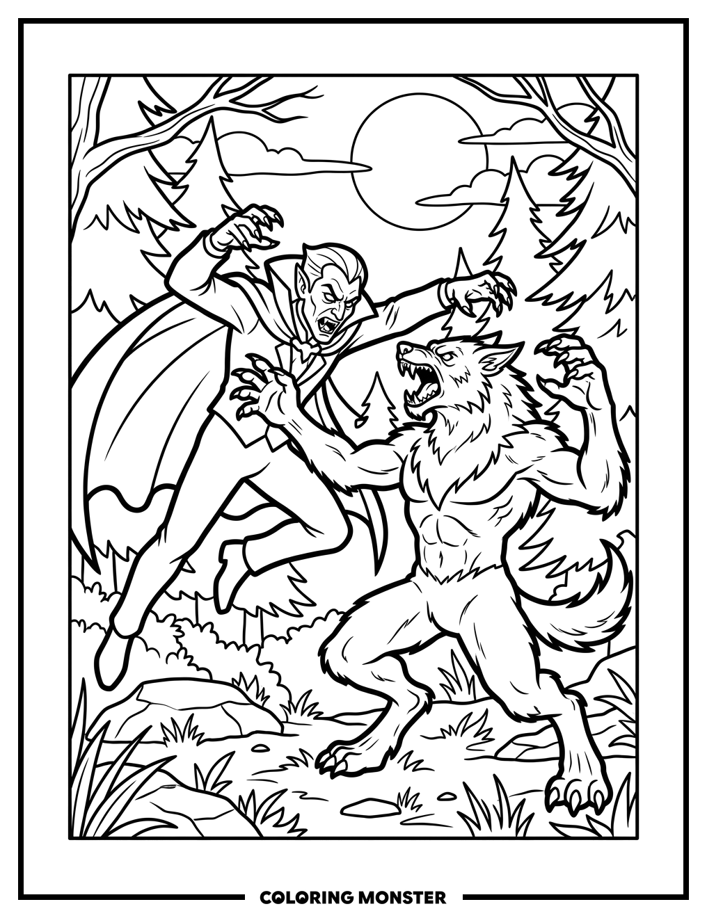 Vampire Battles Werewolf Coloring Page