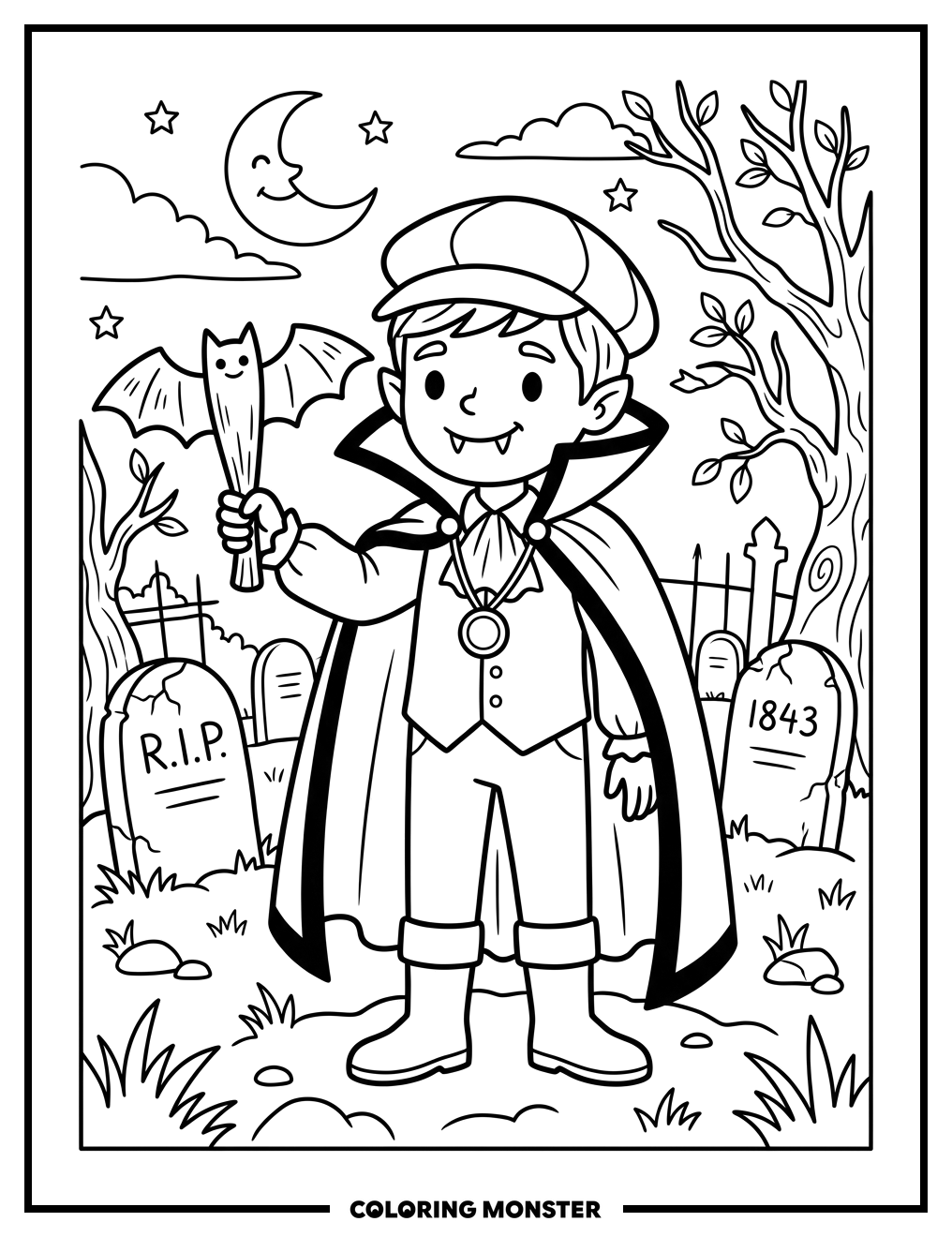 Vampire Boy With Prop Bat Coloring Page