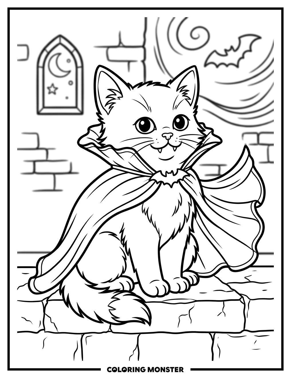 Vampire Cat With Cape Coloring Page