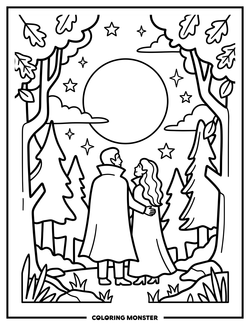 Vampire Couple Under Full Moon Coloring Page