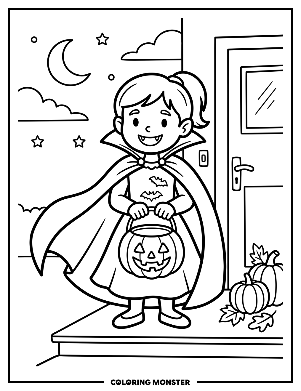 Vampire Girl With Pumpkin Bucket Coloring Page