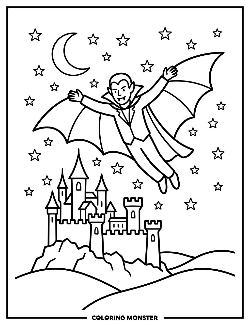 Vampire Soaring Over Castle Coloring Page