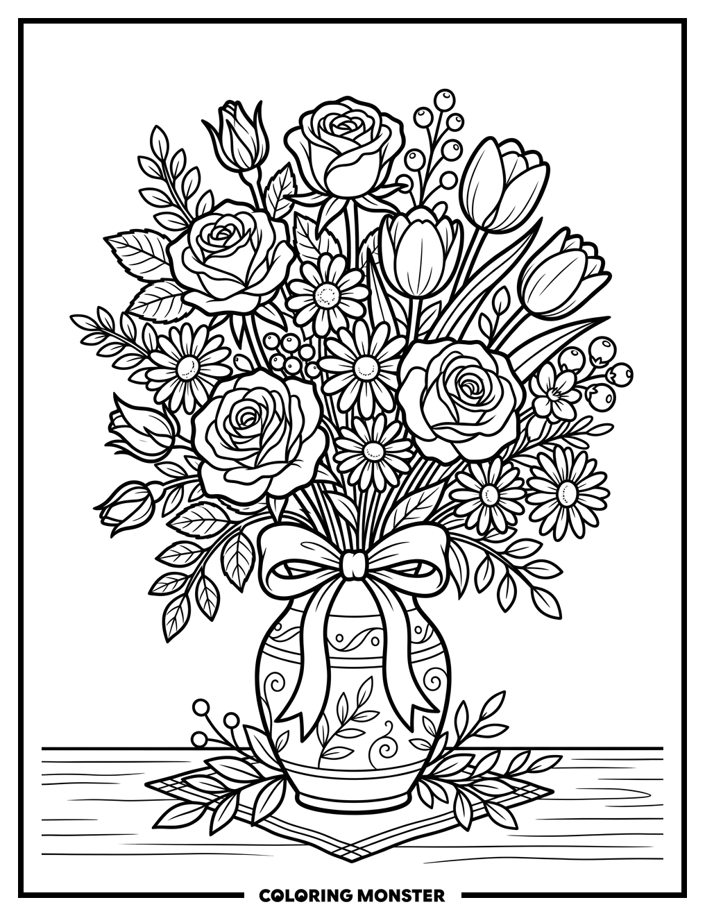 Vase Of Assorted Flowers Coloring Page