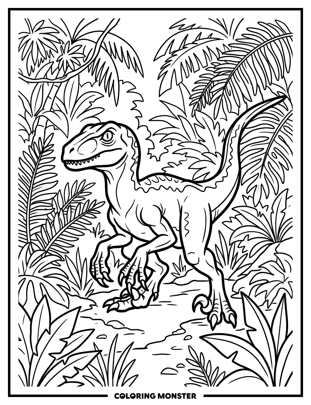 Velociraptor in Dense Jungle Coloring Page