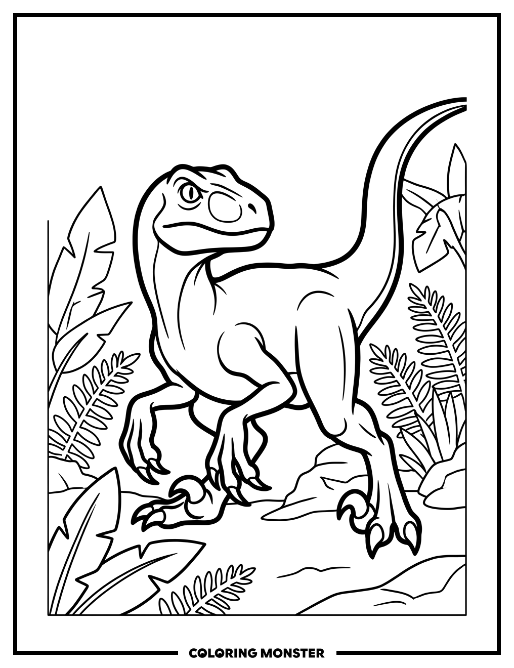 Velociraptor in Prehistoric Jungle Coloring Page