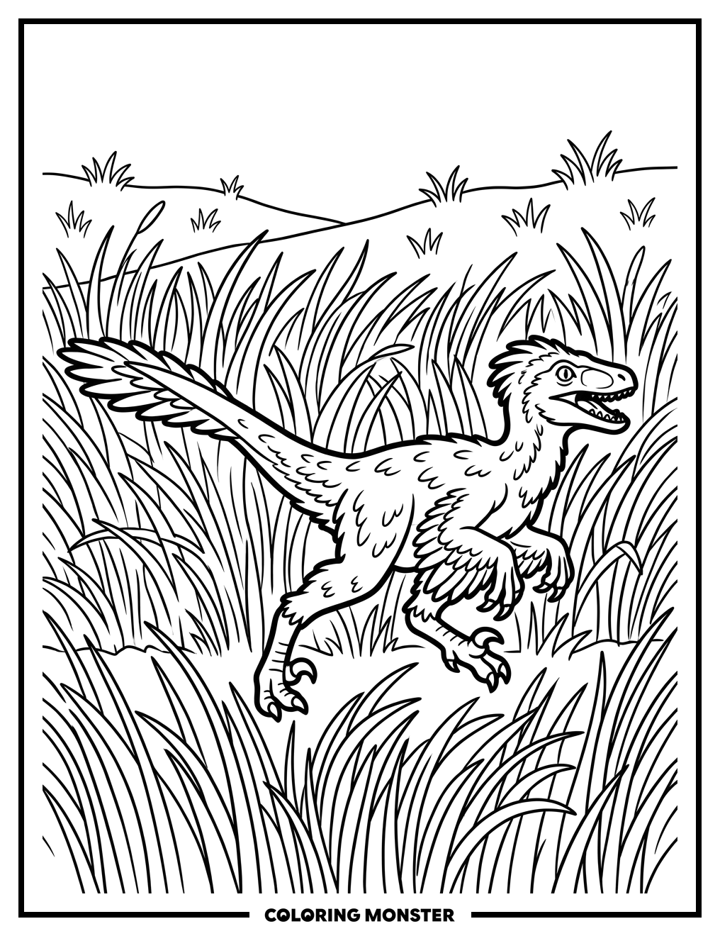 Velociraptor in Tall Grass Coloring Page