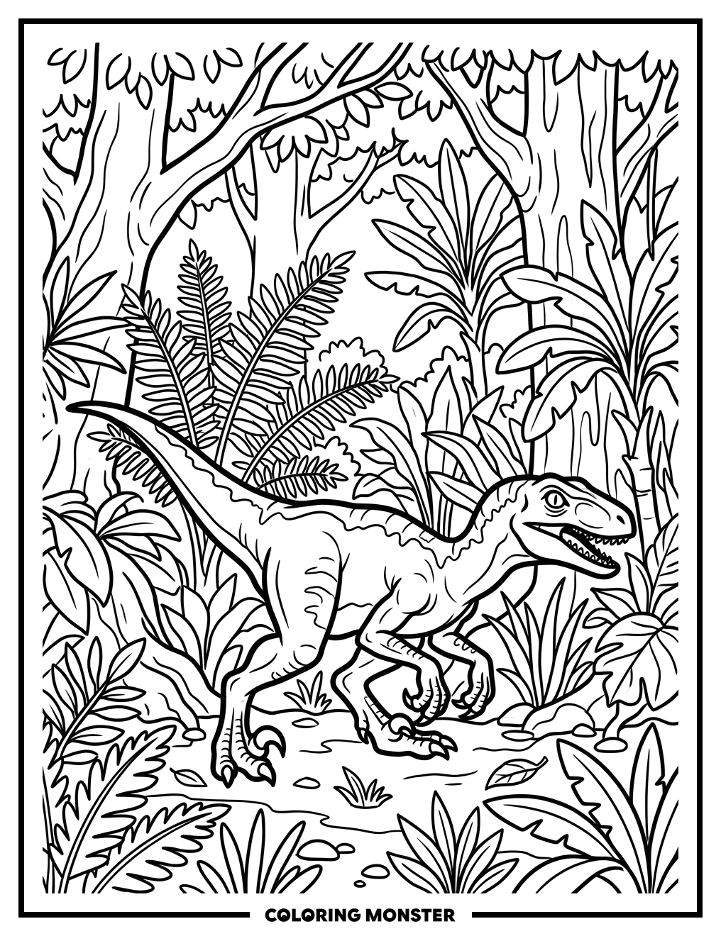 Velociraptor in the Jungle Coloring Page
